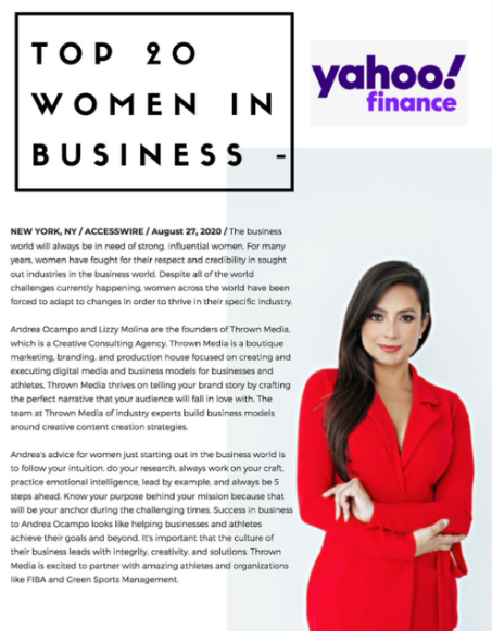 Andrea Ocampo featured in Top 20 Women in Business and Yahoo Finance
