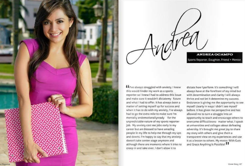 Magazine spread featuring Andrea Ocampo on overcoming anxiety in sports media